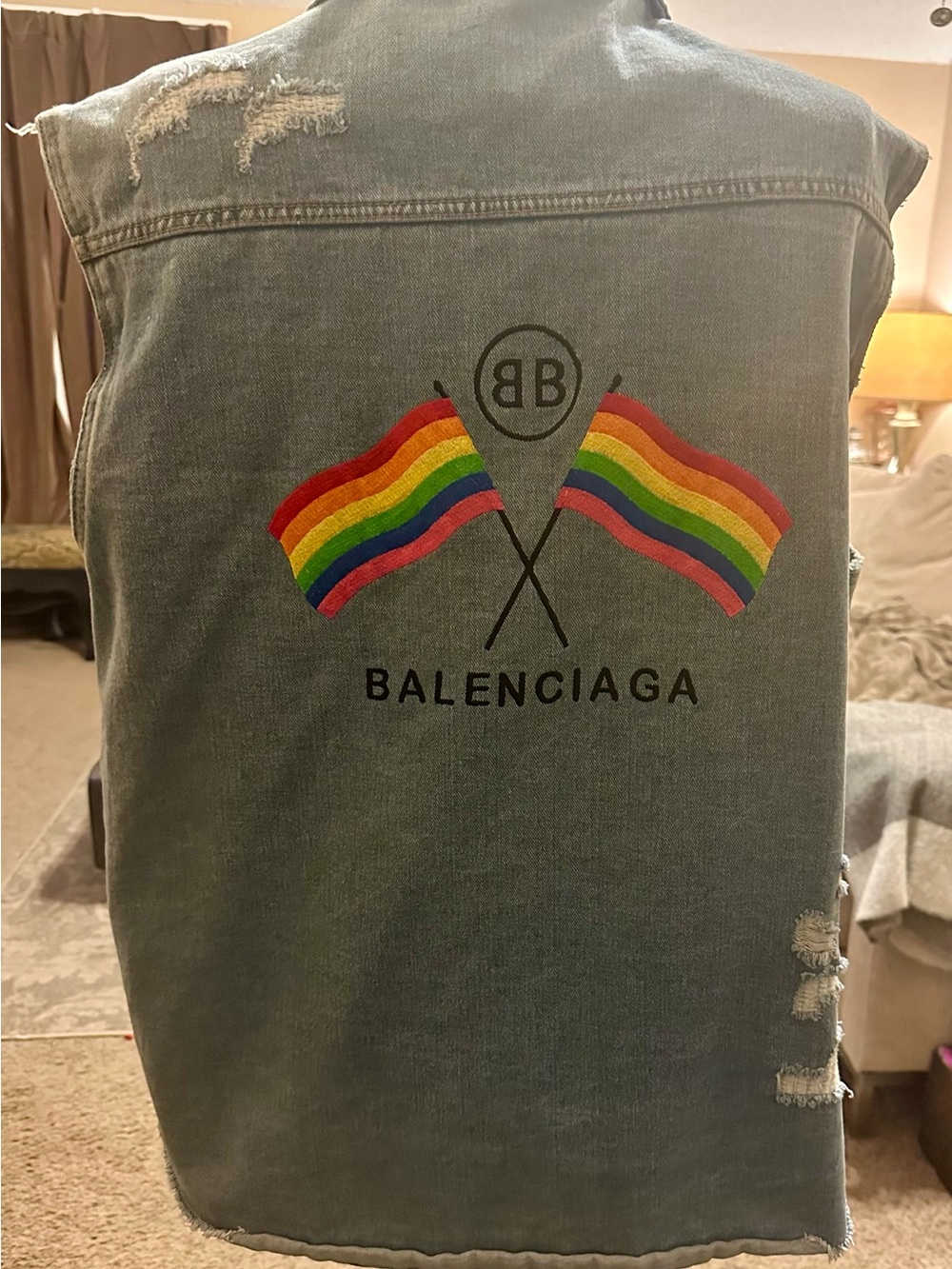 Balenciaga Denim Vest with Rainbow Flag Embroidery